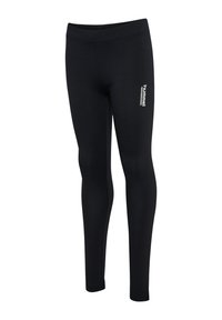 Leggings noirs en tissu extensible avec une texture lisse. Présente un logo sur le côté gauche. Conçus pour le confort et la flexibilité.
