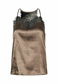 Camisola in satin marrone con spalline regolabili e sovrapposizione in pizzo nero con motivi floreali e bordi ondulati. Texture liscia, design a scollatura a V.