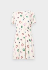 Short-sleeve dress in cream fabric, featuring a floral pattern in pink, blue, brown, and green. Wrap design with gathered waist detail.