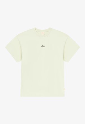 T-shirt en coton vert clair avec une coupe décontractée, des manches courtes et un logo noir brodé centré sur la poitrine.