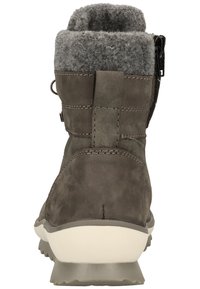 Grau Lederstiefel mit einem weichen grauen Filzkragen, seitlichem Reißverschluss, strukturiertem Fußbett und glatten Oberflächen. Entwickelt für Komfort und Wärme.