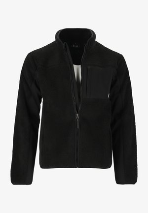 Zwarte fleecejack met een ritssluiting aan de voorkant, hoge kraag en een gestructureerd lichaam. Bevat een horizontale zak op de linker borst, gemaakt van zacht materiaal.