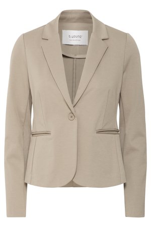 Beežist lõikega naiste bleiser ühe nupuga sulgemisega, sisselõigatud krae ja kahe esiosas asetseva trimmitud taskuga.