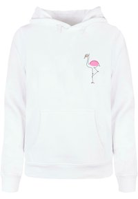 Hvid hættetrøje med en pink og sort flamingo-grafik på venstre bryst. Inkluderer en frontlomme og snorehætte.