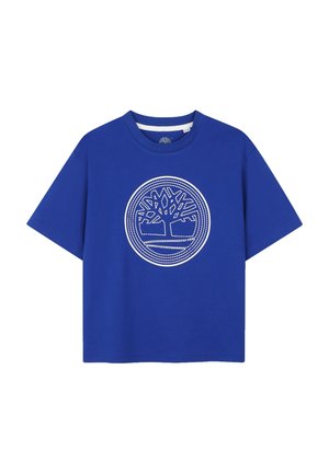 T-shirt bleu roi à manches courtes avec un col rond et un logo d'arbre entouré de blanc centré sur la poitrine.