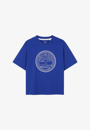 T-shirt bleu roi à manches courtes avec un col rond et un logo d'arbre entouré de blanc centré sur la poitrine.