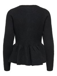 Schwarzer, strukturierter Pullover mit langen Ärmeln und einem Peplum-Saum. Verfügt über einen runden Ausschnitt und ein dezentes, geripptes Muster durchgehend.