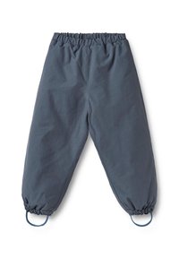 Dunkelgraue Hosen mit elastischem Bund, elastischen Bündchen und Fußriemen, entwickelt für einen sicheren Sitz.