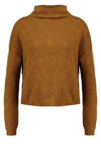 Brązowy sweter wykonany na drutach z wysokim kołnierzem, opadającymi ramionami i luźnym krojem. Tekstura wydaje się miękka i nieco puszysta.