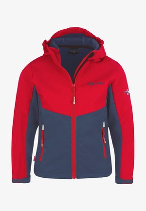 Red and navy blue softshell jacket with a hood, zippered front, and two side pockets. Features a logo and small Norway flag accent.