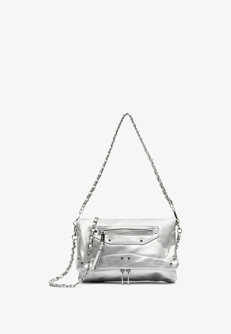 Silver leather handbag with a chain strap, zippered front pocket, decorative studs, and contrasting textured patterns. Rectangular shape.