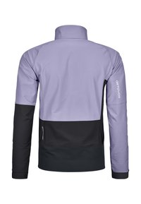 Light purple and black softshell jacket, featuring a high collar, long sleeves, and a zippered pocket on the left side. Textured fabric.