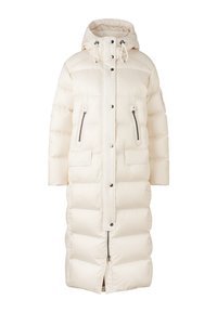 Lange, roomkleurige donsjas met capuchon, voorsluiting met drukknopen, ritssluiting, twee borstzakken met rits en twee klepzakken op de taille.