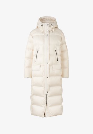 Lange, roomkleurige donsjas met capuchon, voorsluiting met drukknopen, ritssluiting, twee borstzakken met rits en twee klepzakken op de taille.