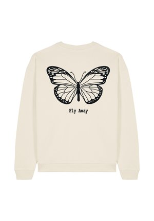 Sweatshirt crème avec un grand graphisme de papillon noir dans le dos, accompagné du texte "S'envoler" en dessous. Coupe régulière avec des poignets côtelés.