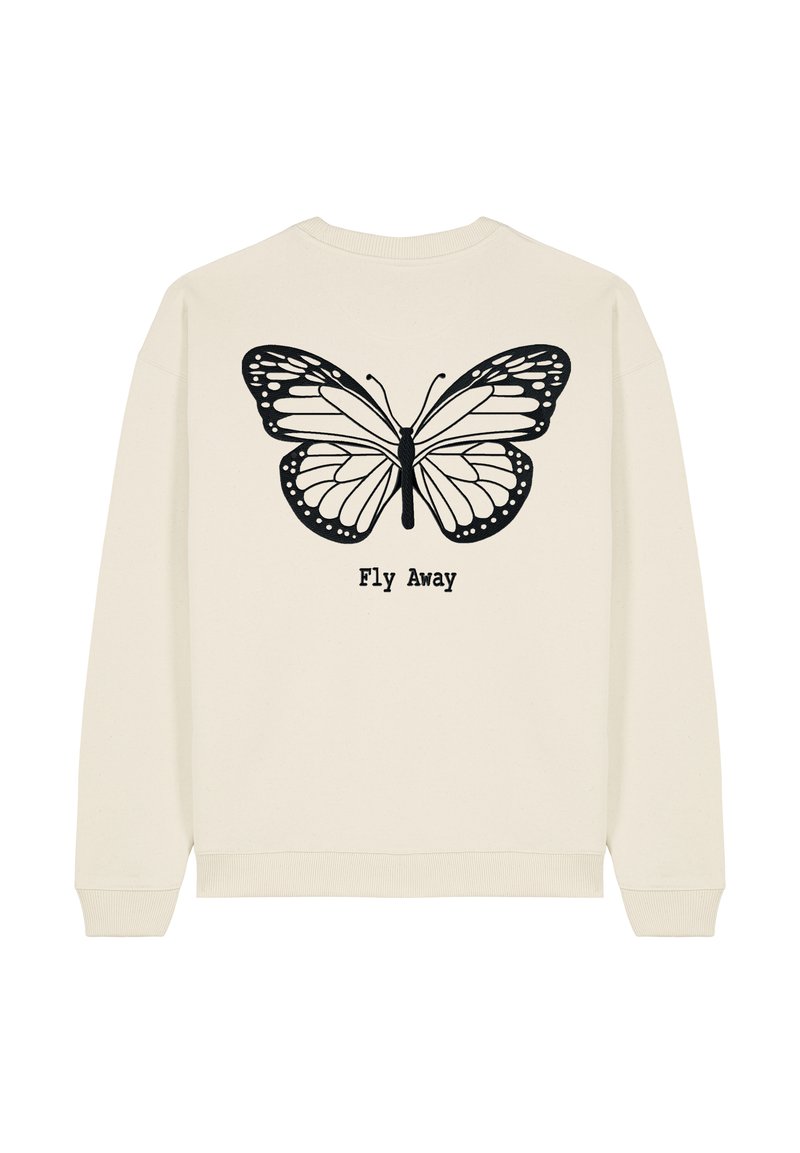 Felpa crema con una grande grafica di una farfalla nera sul retro e il testo "Fly Away" sotto. Vestibilità regolare con polsini a costine.