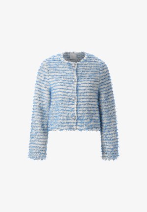 Himmelblau und weiße, gekürzte Jacke mit einem strukturierten, gestreiften Design. Verfügt über einen Knopfverschluss und lange Ärmel. Aus weichem, flauschigem Material.