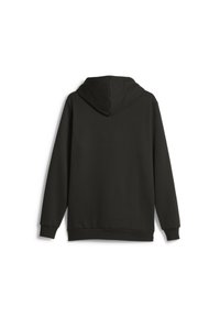 Sudadera con capucha negra, tejido suave, mangas largas, puños y dobladillo acanalados, diseño sin costuras, sin logotipos ni patrones visibles.