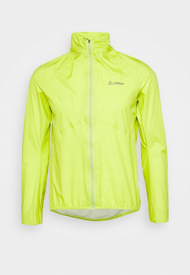 Veste légère jaune vif avec col montant, fermeture éclair frontale complète et poignets élastiques. Le matériau est lisse avec un fini légèrement brillant.