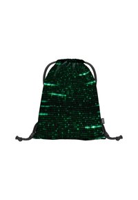 Zaino con coulisse su sfondo nero, caratterizzato da un motivo di codice binario verde. Realizzato in materiale resistente con corde nere solide.