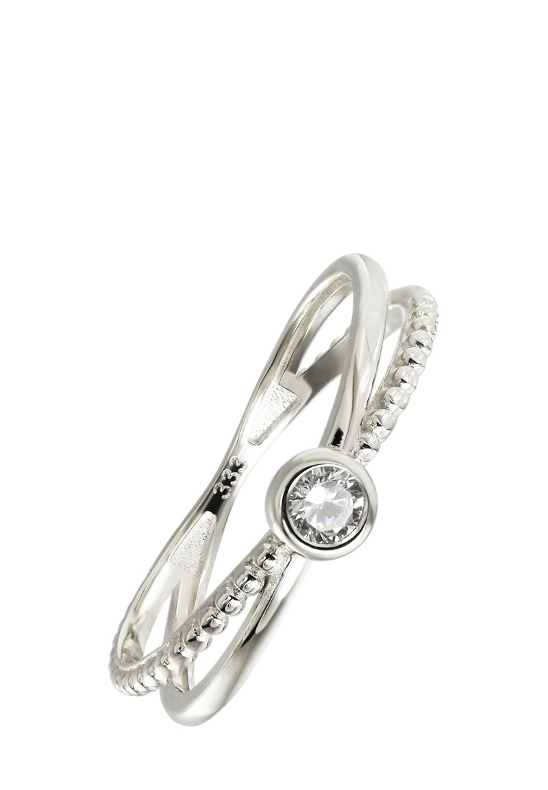 Bague en argent avec une pierre précieuse ronde centrale, des anneaux entrelacés dont un texturé et perlée, présentant une finition lisse et polie.