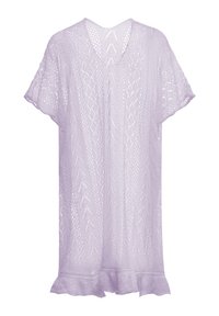 Cardigan tricotat lila cu mâneci scurte, având un front deschis, textură modelată și un tiv volan la baza.