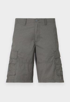 Shorts cargo gris avec fermeture à bouton, plusieurs poches latérales et détails de couture. Fabriqués en tissu léger et durable.