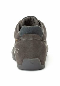 Gray suede ankle boots with a rounded toe, featuring a padded collar and a rubber sole. Simple stitching details along the sides.