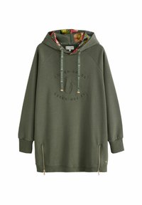 Olijfgroen hoodie met bloemenvoering, voorzien van een getextureerd logo, zijritsen en raglanmouwen. Gemaakt van zacht katoen.