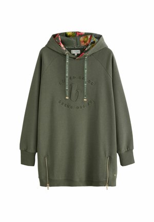 Olive green hooded sweatshirt with floral inner lining, featuring a textured logo, side zippers, and raglan sleeves. Soft cotton material.