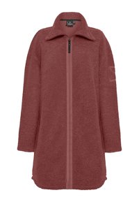 Fleece-Jacke in tiefrosa mit hohem Kragen, durchgehendem Reißverschluss und langen Ärmeln. Mit strukturierter Oberfläche und einem Patch am Ärmel.