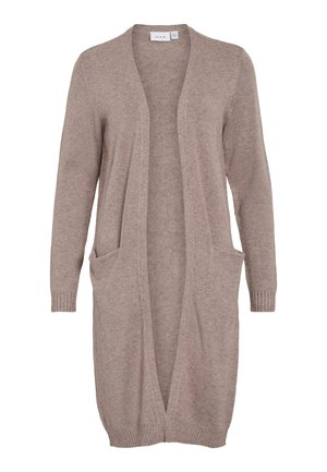 Long gilet ouvert en tricot beige doux. Il présente deux poches avant, des poignets côtelés et une coupe décontractée. Tissu léger et texturé.
