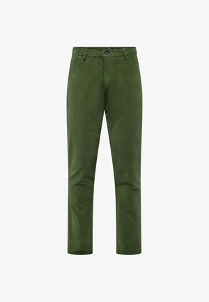 Pantaloni in corduroy verde con una vestibilità slim, dotati di chiusura con bottone tradizionale, passanti per la cintura e tasche laterali. Texture morbida con leggere righe.