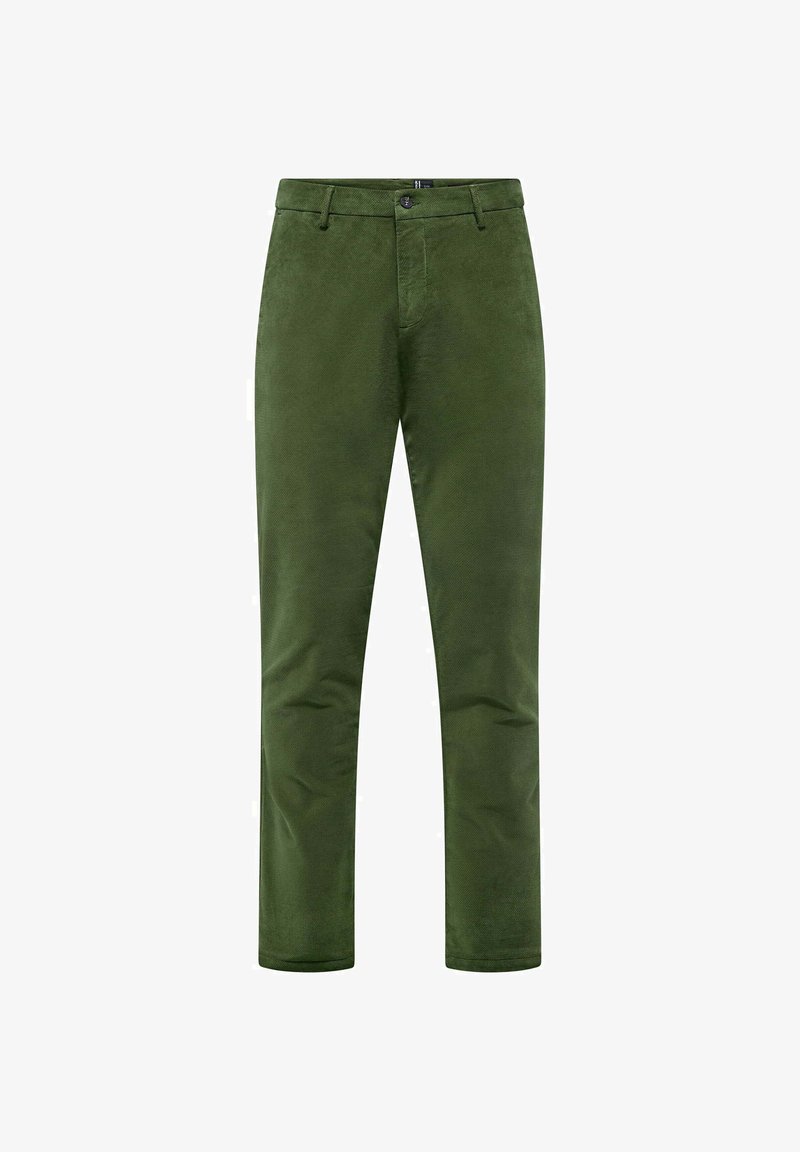 Groene corduroy broek met een slim fit, voorzien van een traditionele knoopsluiting, ceintuurlussen en zijzakken. Zachte textuur met subtiele ribbels.