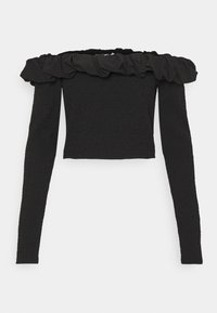 Svart kortärmad långärmad topp med en off-the-shoulder-design, med en volangkantad halsringning och textil med struktur.