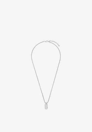 Collana a catena d'argento con un piccolo ciondolo rettangolare a forma di piastrina militare e chiusura regolabile su sfondo bianco.