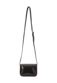 Borsa a tracolla in pelle sintetica nera con una forma rettangolare elegante, tracolla regolabile e tasca con zip sul fronte. Texture lucida.