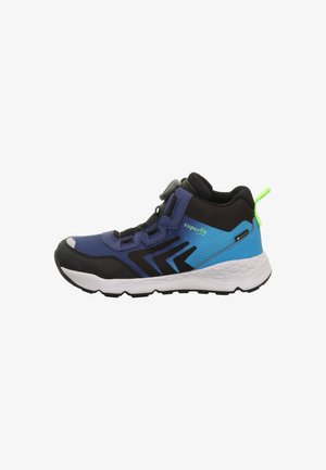 Children's athletic shoes featuring a blue and black synthetic upper, textured design, and a white rubber sole with green accents.