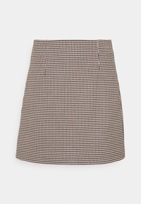 Rock im Hahnentritt-Muster in Schwarz, Weiß und Rot. Strukturiertes Design mit taillierter Passform und subtilen Falten. Kurze Länge.