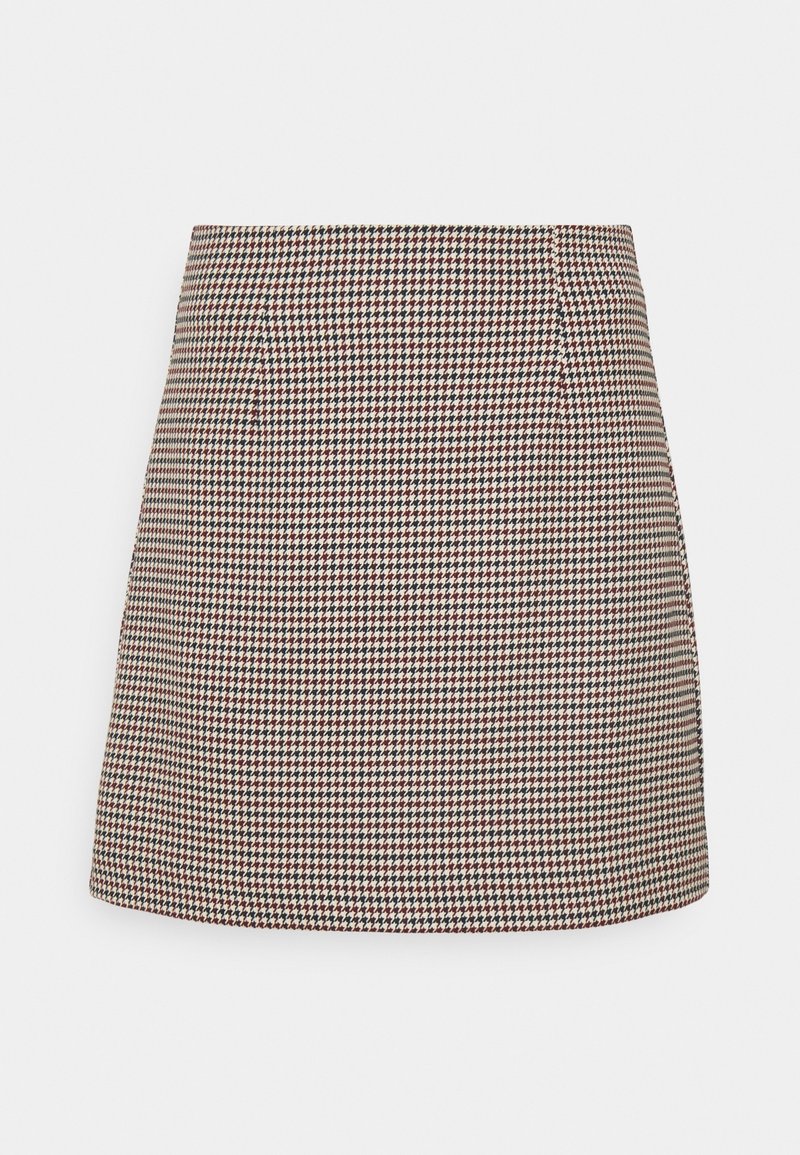 Rutigt mönstrat kjol i svart, vitt och rött. Strukturerad design med en figurnära midja och subtila plisseringar. Korta längden.