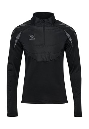 Czarna sportowa koszulka z długim rękawem, z zamkiem na ćwierć długości, wyściełanym panelem na klatkę piersiową i odblaskowymi pasami w kształcie jodełki na ramionach, z logo hummel na piersi.