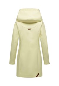 Light yellow coat with a structured hood, tailored fit, long sleeves, and branding tag at the side. Smooth texture with stitch detailing.