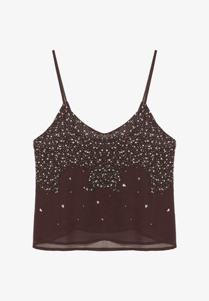 Brown sheer camisole with thin straps, decorated with densely clustered silver sequins at top and scattered sequins toward bottom.