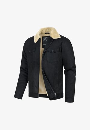 Black faux suede jacket with a beige fur collar, zip closure, and two chest pockets; smooth texture and casual design.