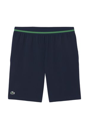 Navy blue athletic shorts with green-striped elastic waistband and small green crocodile logo on the left leg.