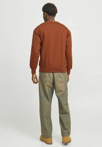 Sudadera marrón con puños y dobladillo acanalados, combinada con jeans de mezclilla azul claro. El conjunto presenta un corte relajado y detalles de costura mínimos.