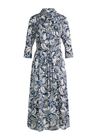 Abito camicia lungo blu navy con stampa paisley floreale bianca, maniche a tre quarti, colletto, chiusura frontale con bottoni e cintura da annodare in vita.