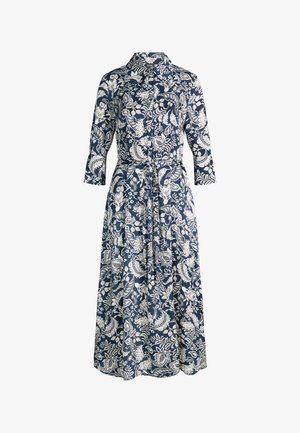 Marineblauwe lange overhemdjurk met witte bloemen paisley print, driekwart mouwen, kraag, knoopsluiting aan de voorkant en een tailleceintuur.