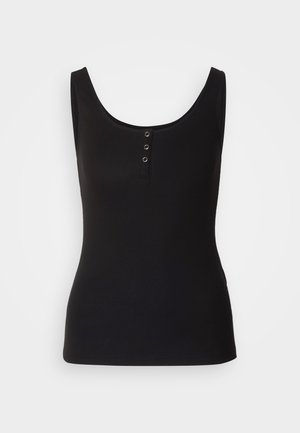 Black tank top made of ribbed fabric, featuring a scoop neck and three metal snap buttons down the front. Smooth texture, fitted shape.