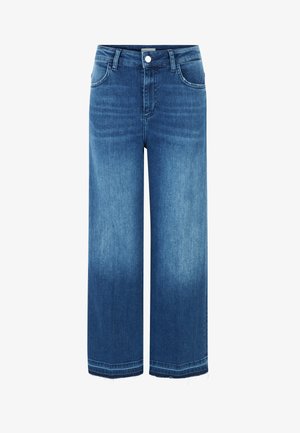 Weite Jeans aus mittelblauem Denim mit hoher Taille, fünf Taschen, Knopfverschluss und ungesäumten Details an den Bündchen.